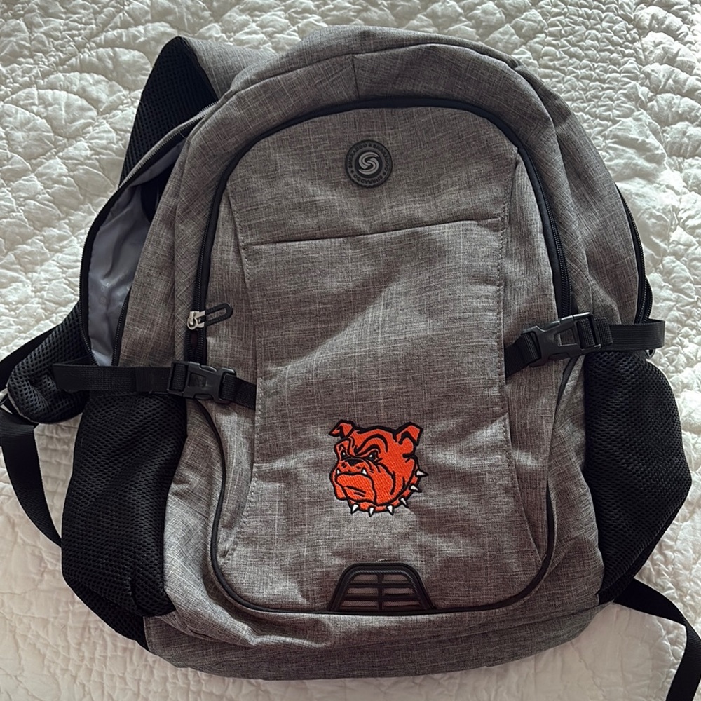 Gray Backpack with Bulldog Logo